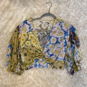 Zara Multi-Color Floral Tie-Front Puff Sleeve Crop Top
